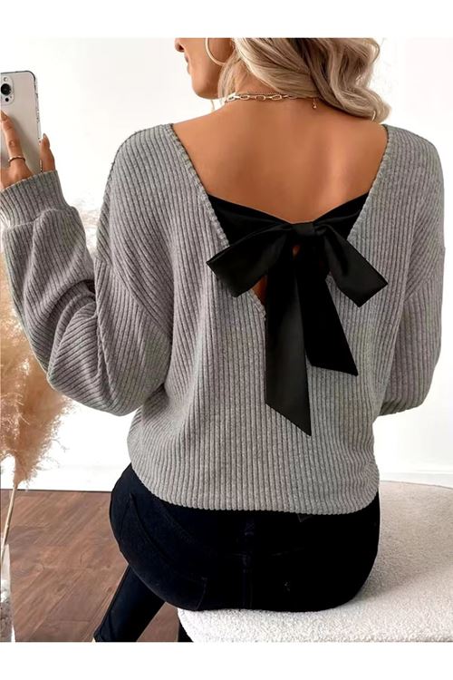 Kadın Uzun Kollu V Yakalı Arkadan Kurdela Detaylı şardonlu Kaşkorse Bluz