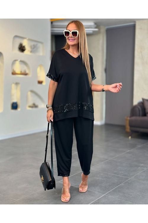 Kadın Kısa Kollu V Yakalı Pul Payetli Viskon Iki Iplik Bluz Ve Pantolon Ikili Takım