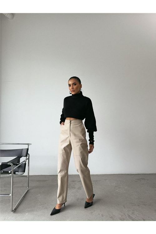 DERİ PANTOLON DİZ PARÇALI - Taş