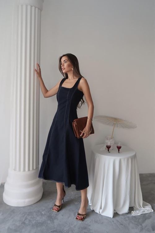 Lacivert Çift Dikişli Gabardin Elbise