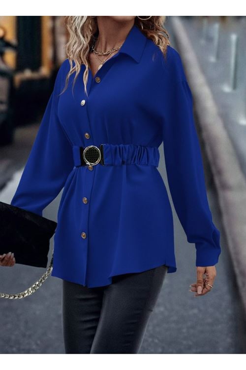 Kadın Uzun Kollu Yakalı önden Düğmeli Belden Kemerli Ithal Krep Bluz