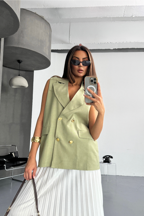 GOLD DÜĞMELİ KETEN YELEK - Yeşil