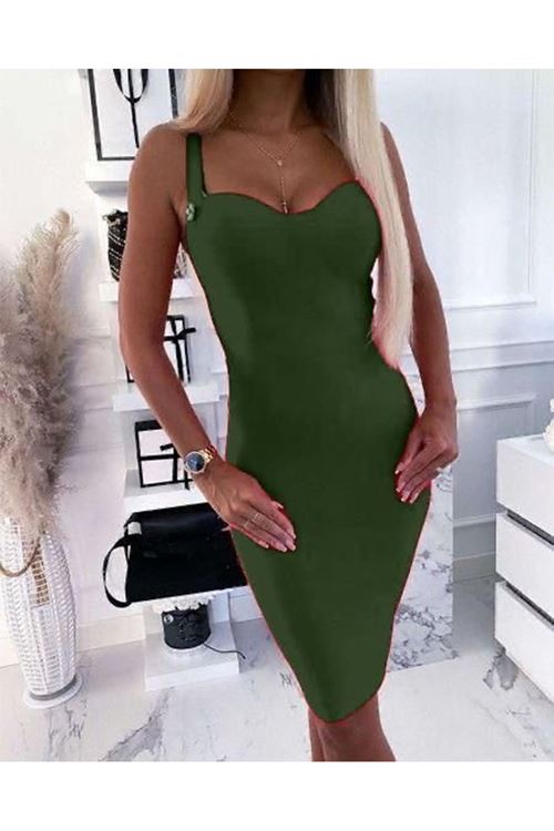 Kadın Dalgıç Kumaş Düğmeli Fermuarlı Askılı Elbise