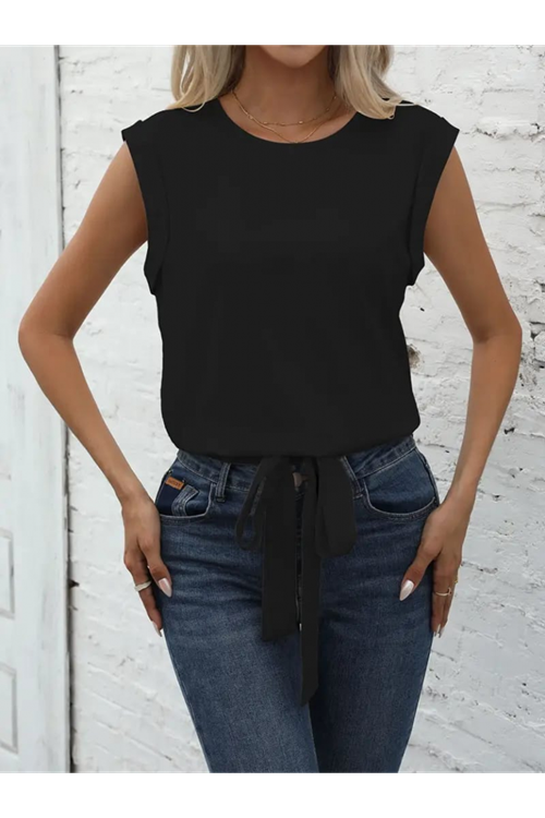 Kadın Kısa Kollu Etek Ucu Bağlama Detay Kolsuz Ithal Krep Bluz