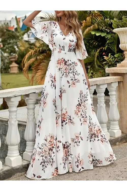 Kadın Kısa Kollu V Yakalı çiçek Desenli Süprem Elbise