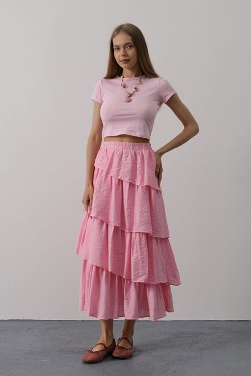 Katlı Kesim Uzun Etek - Pembe