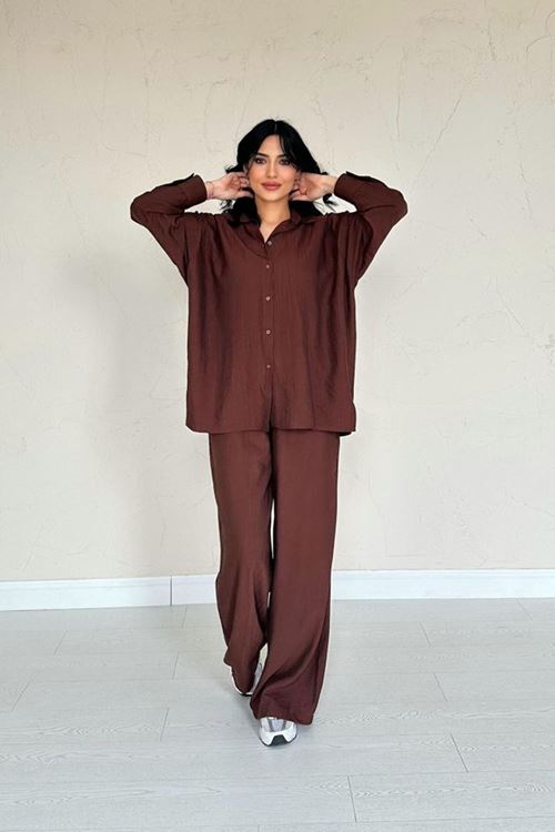 Kahverengi Alice Gömlek Ve Bol Kesim Pantolon Takım