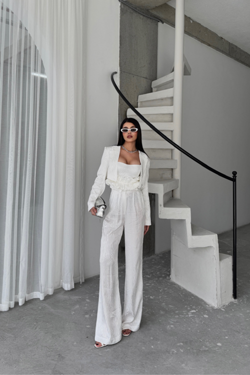 JAKARLI BLUZU TASARIM DETAYLI CEKET-PANTOLON-BLUZ 3 LÜ TAKIM - Beyaz