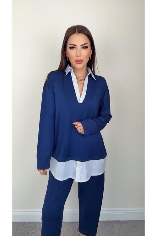 Polo Yaka Gömlekl Detay Salaş Balon Pantolunlu ıkılı Takım