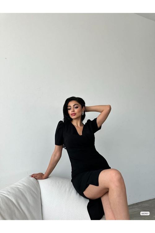 Kadın Kruvaze Yaka Yandan Yırtmaç Detaylı Scuba Krep Kumaş Midi Boy Elbise