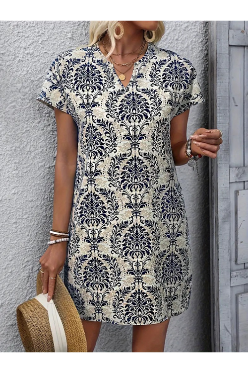 Kadın Kısa Kollu çentik Yaka çiçek Desenli Keten Elbise