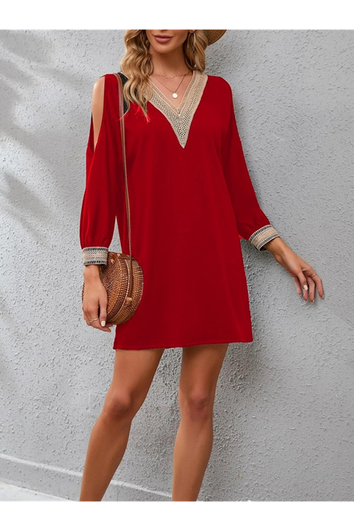 Kadın Uzun Kollu Yaka Ve Kol Manşet Güpürlü Detay Krep Mini Boy Elbise