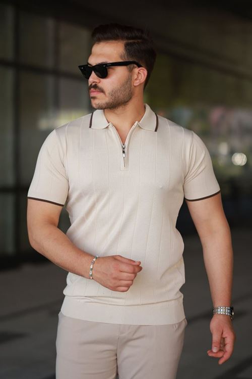 Erkek Fermuar Yakalı çizgi Dokulu Kısa Kollu Tişört