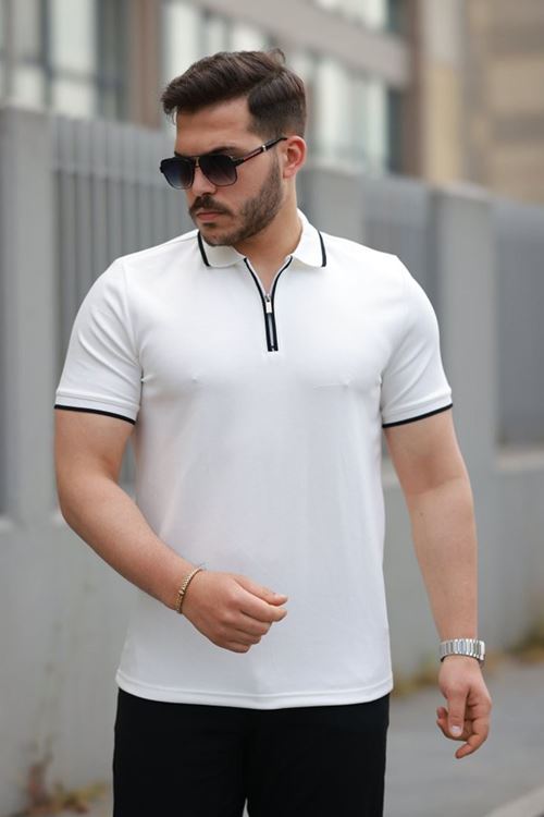 Erkek Fermuar Yakalı çizgi Detaylı Kısa Kollu Tişört