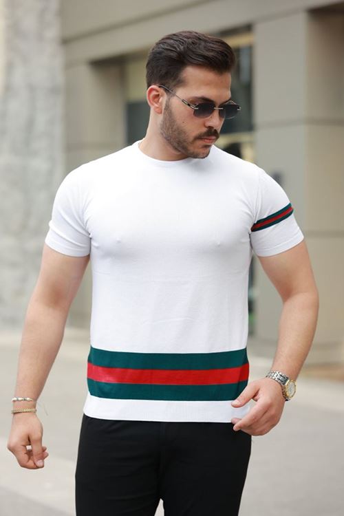 Erkek Bisiklet Yaka Bel Ve Kol şerit Desenli Kısa Kollu Tişört