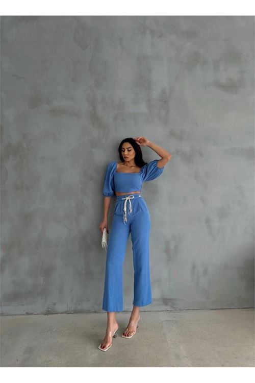 KETEN CROP KARPUZ KOL BLUZ-PANTOLON HASIR KEMERLİ - Mavi