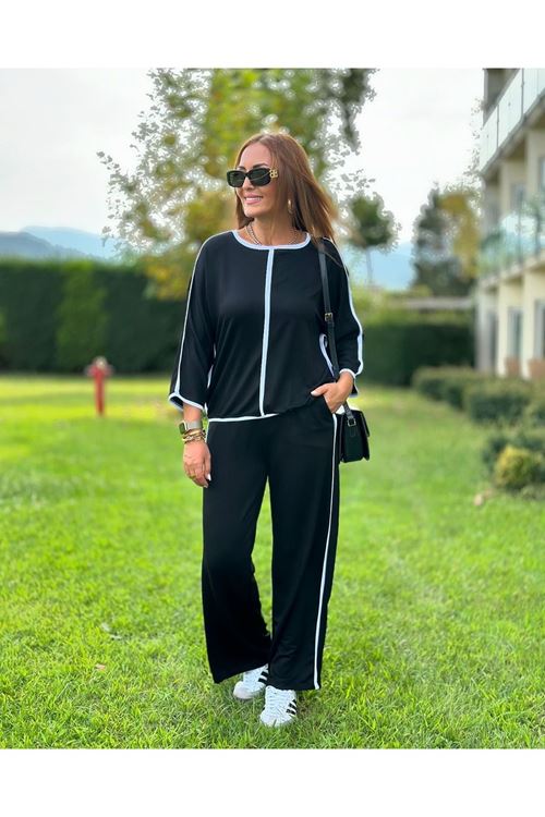 Kadın Bisiklet Yaka Truvakar Kol Biye Detay Bluz Ve Yüksek Bel Lastikli Pantolon Ikili Takım