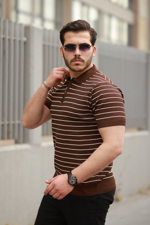 Erkek Fermuar Yakalı çizgili Kısa Kollu T-shirt