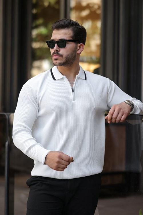 Erkek Yakaları çizgi Detaylı Selanik örme Triko