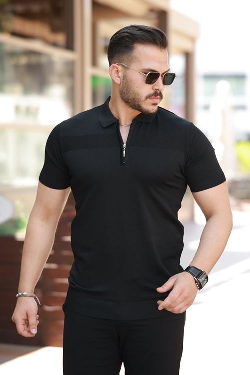 Erkek Göğüs Pirinç Desenli Fermuar Yakalı Kısa Kollu Tişört