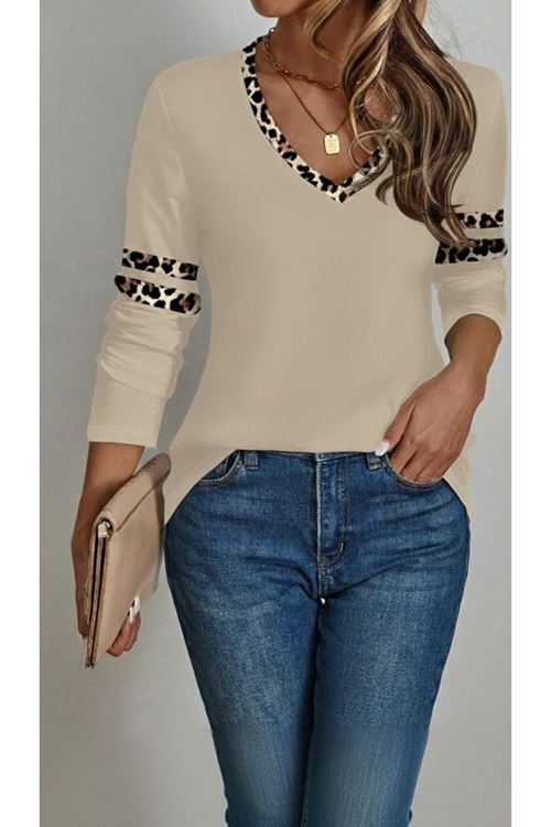 Kadın Uzun Kollu V Yakalı Leopar Desenli Viskon Iki Iplik Bluz