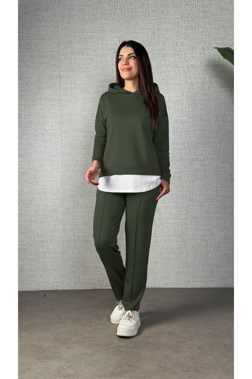 Kadın Uzun Kollu Kapşonlu Bağcıklı Viskon Iki Iplik Bluz Ve Pantolon Ikili Takım