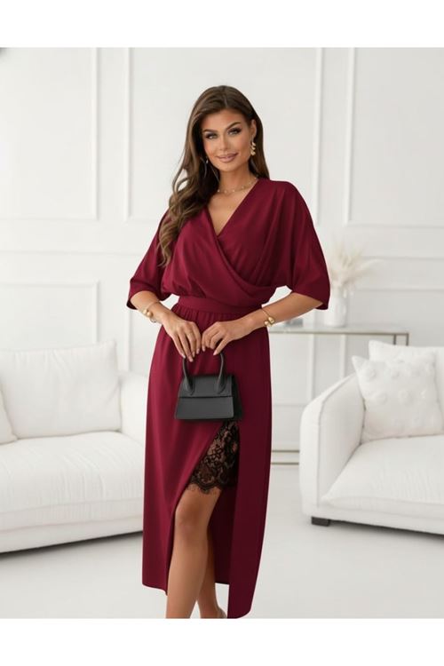 Kadın Uzun Kollu Kruvaze Yakalı Yandan Dantelli Midi Ithal Krep Elbise