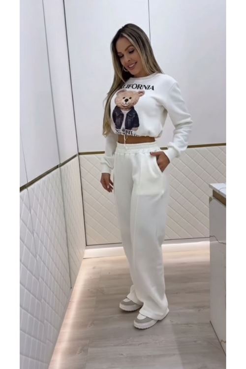 Kadın Uzun Kollu Bisiklet Yaka Desenli Iki Iplik şardonlu Bluz Ve Pantolon Ikili Takım