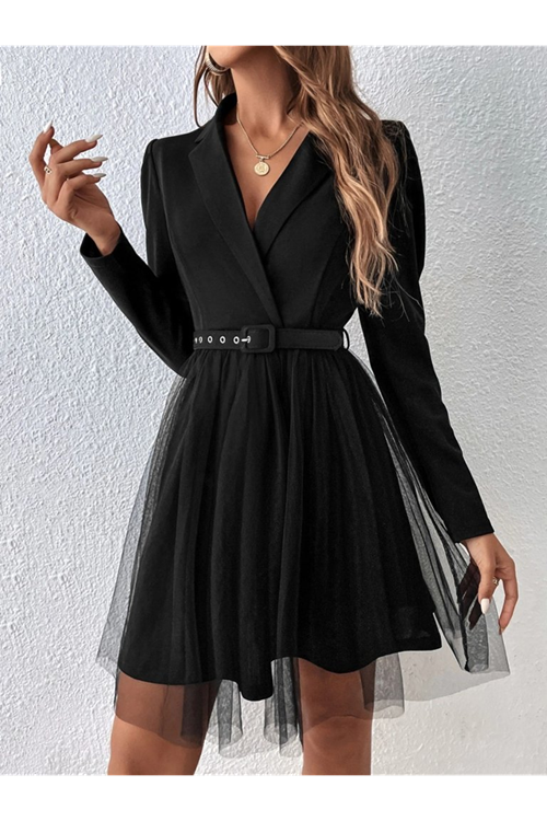 Kadın Uzun Kollu Yakalı Belinde Kemer Detaylı Mini Tüllü Ithal Krep Elbise