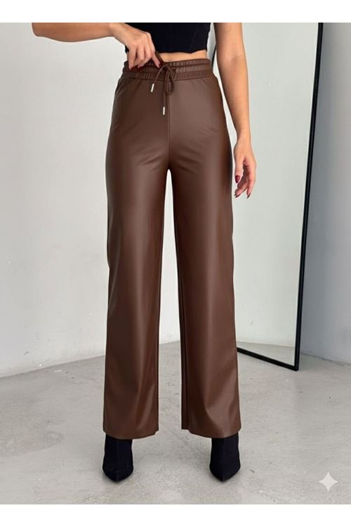 Yüksek Bel Geniş Paça Içi şardonlu Deri Pantolon.