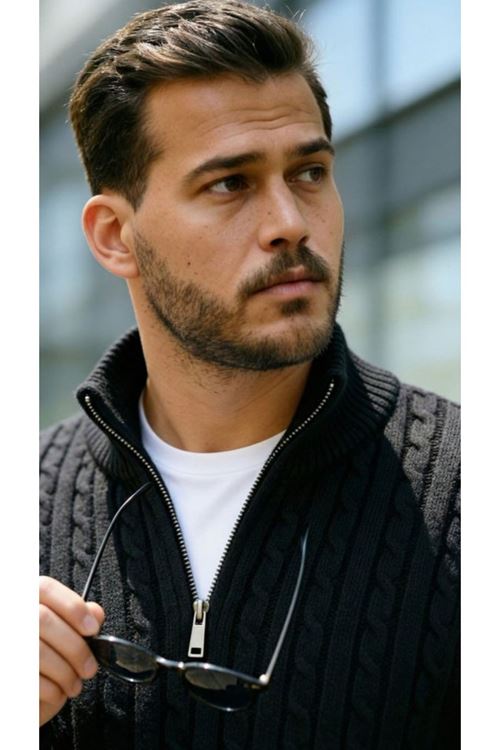 Erkek Örgü Desen Zip Yaka Triko