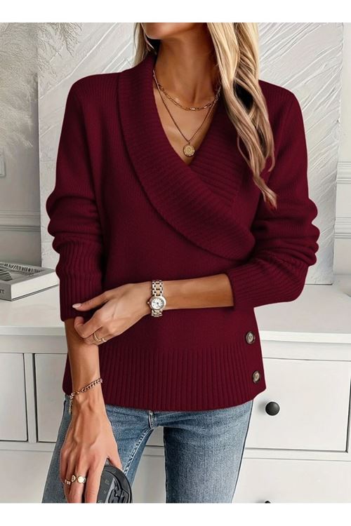 Kadın Uzun Kollu Yakalı Yandan Düğmeli Triko Bluz