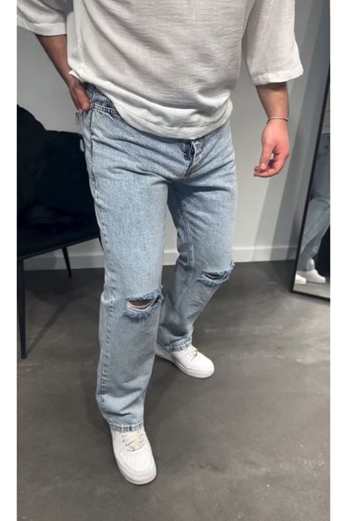 Erkek Dizi Yırtık Detaylı Kar Yıkama Baggy Jeans