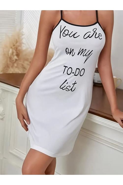 Kadın Kolsuz Askılı Sırt çapraz Detay To Do List Baskı Süprem Gecelik Elbise