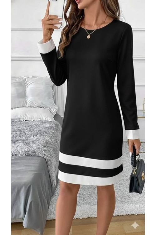 Kadın Uzun Kollu Yuvarlak Yaka Etek Ucu şerit Detaylı Mini Siyah Beyaz Dalgıç Elbise