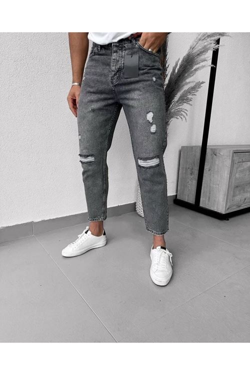 Erkek Füme Yırtık Detaylı Mom Jean