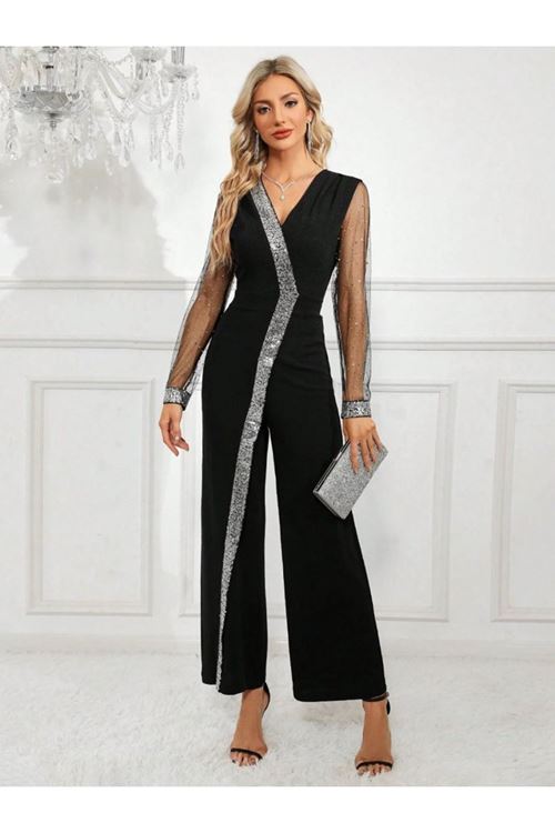 Kadın Uzun V Yakalı önden Pulpayet Detaylı Tüllü Uzun Ithal Krep Tulum