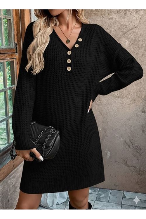 Kadın Uzun Kollu V Yakalı Düğmeli Mini Triko Elbise