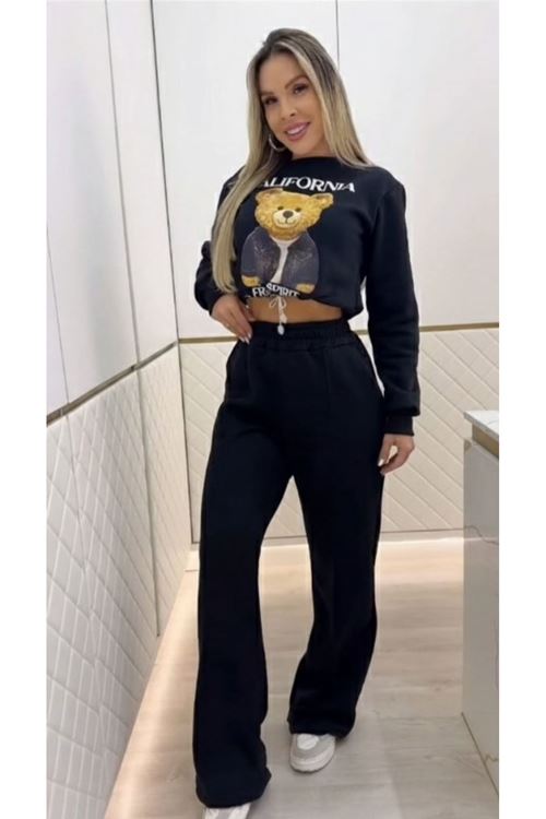 Kadın Uzun Kollu Bisiklet Yaka Desenli Iki Iplik şardonlu Bluz Ve Pantolon Ikili Takım