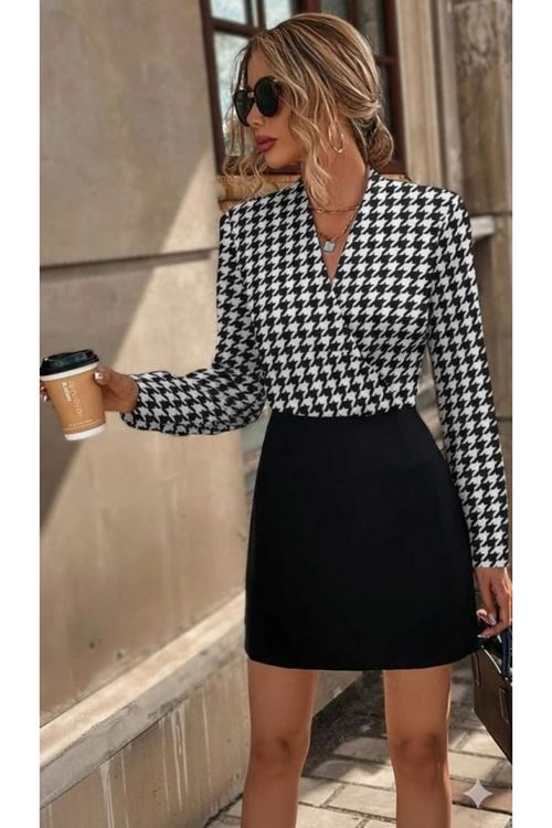 Kadın Uzun Kollu Kruvaze Yakalı üst Dalgıç Alt Ithal Krep Mini Elbise