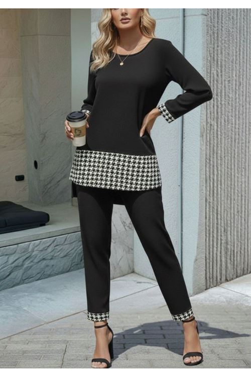 Kadın Uzun Kollu Yuvarlak Yakalı Kaz Ayağı Detaylı Viskon Iki Iplik Bluz Ve Pantolon Ikili Takım