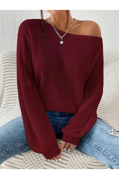 Kadın Uzun Kollu Tek Omuzu Açık Detaylı Triko Bluz