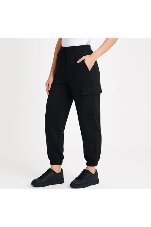 Siyah Jogger Eşofman Altı Rahat Kalıp, Kargo Cepli,  Lastikli Paça, Günlük Spor Pantolon - Siyah