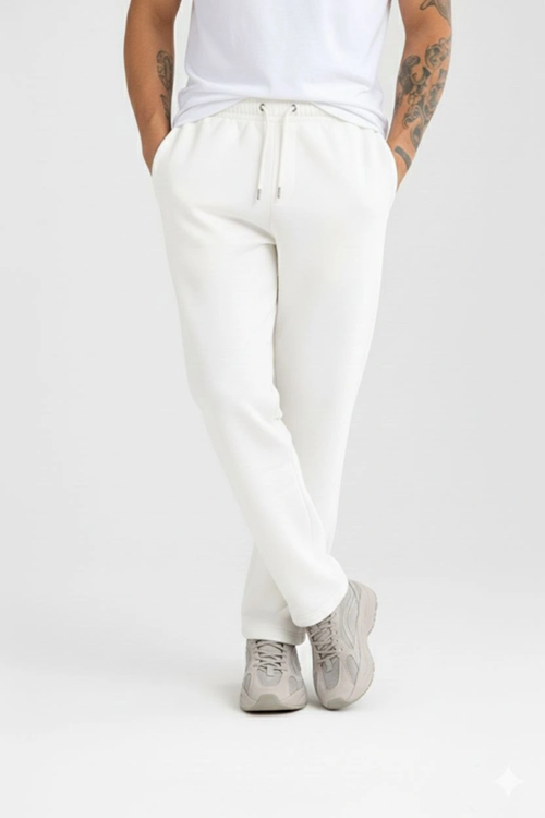 Erkek Üç Iplik Kışlık Pamuklu Ovarsize Bağcıklı Düz Paça Cepli Eşofman Altı Spor Rahat Model - Beyaz