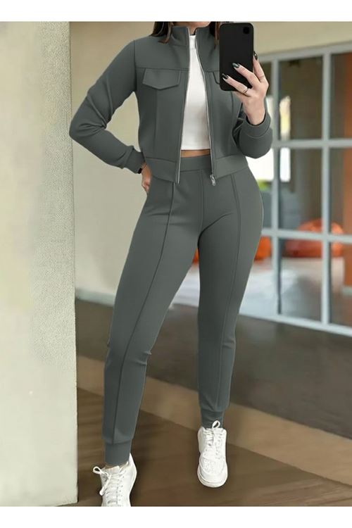 Kadın Uzun Kollu önden Fermuarlı Kısa Modal Ceket Ve Pantolon Ikili Takım