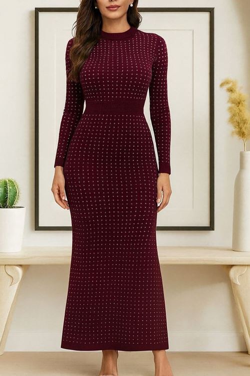 Kadın Uzun Kollu Bisiklet Yaka Taşlı Midi Kadife Elbise