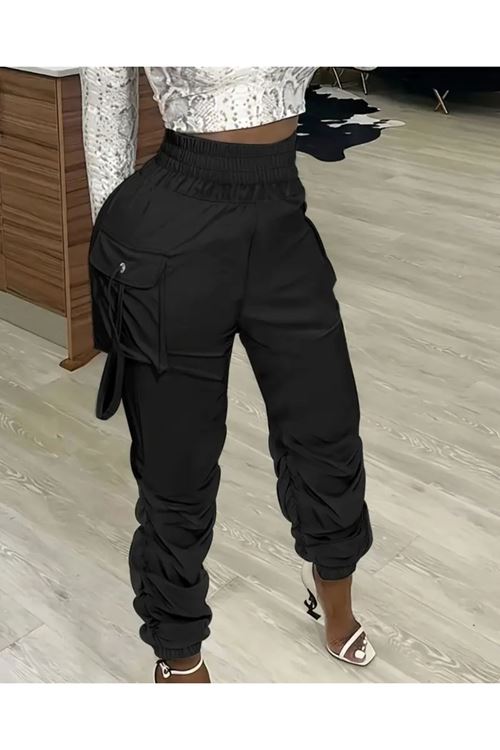 Kadın Yüksek Bel Beli Lastikli Kargo Cep Detaylı Gabardin Pantolon