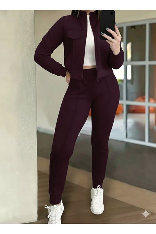 Kadın Uzun Kollu önden Fermuarlı Kısa Modal Mor Ceket Ve Pantolon Ikili Takım