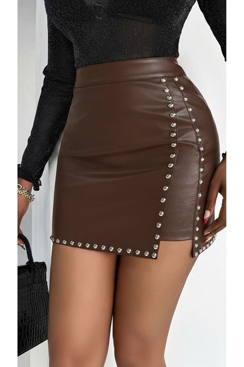 Kadın Yüksek Belli Yandan çivili Mini Deri Etek