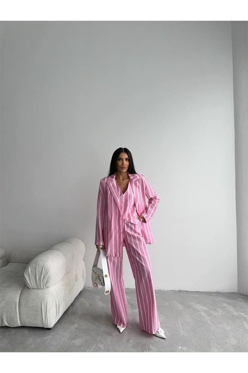 ÇİZGİLİ CEKET KETEN - Pembe